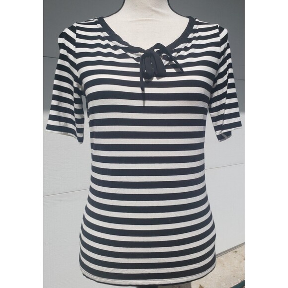 TALBOTS Knit Top Short Sleeve Stretchy Soft Bow Detail Black Striped Size XS - Picture 1 of 9